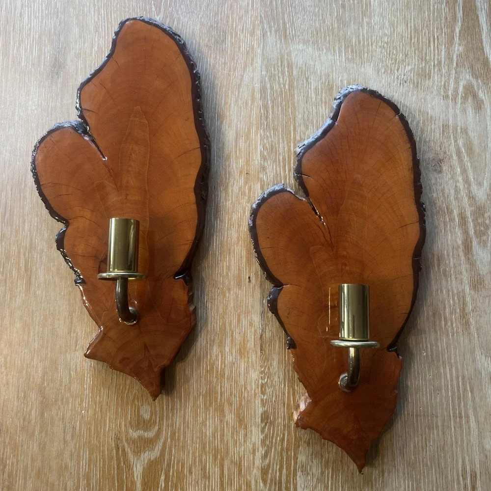 Vintage Rustic Live Edge Wood Slab Epoxy Candle Holder MCM Pair Cabin